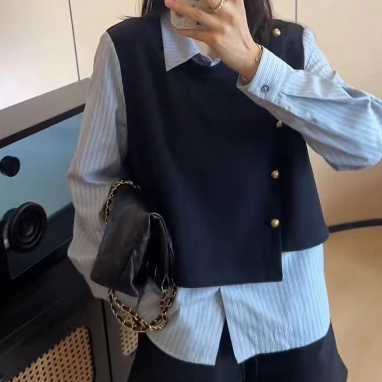 2024秋冬季新款假两件条纹拼接衬衫女设计感小众百搭时尚上衣洋气