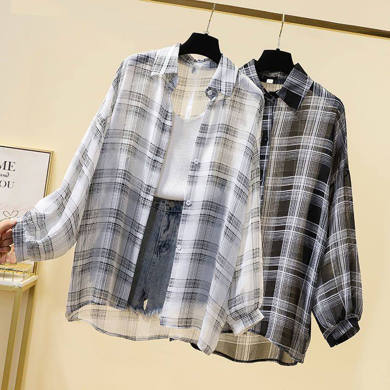 防晒衣服女夏季长袖雪纺2024新款韩版洋气百搭薄款外套格子衬衫