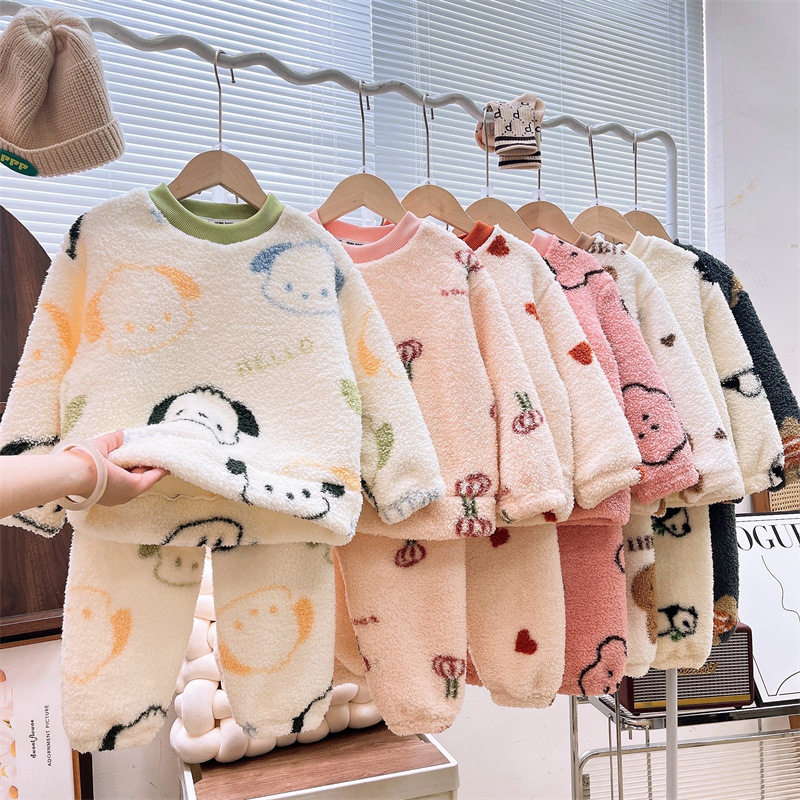 男女儿童珊瑚绒睡衣套装中大童秋冬休闲加绒加厚保暖小米绒