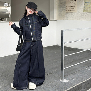 女童春秋牛仔套装2026年新款中大童飘带外套阔腿裤两件套学生春装