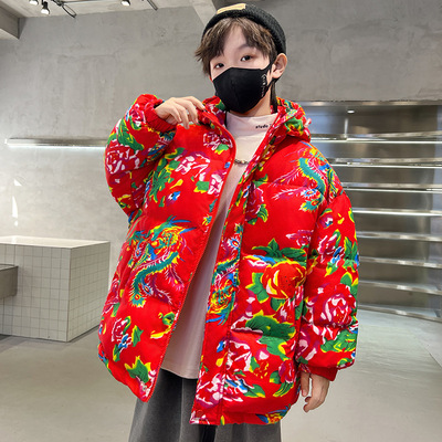 男童冬装羽绒棉衣红色冬季加厚棉服东北大花棉袄碎花大儿童外套潮