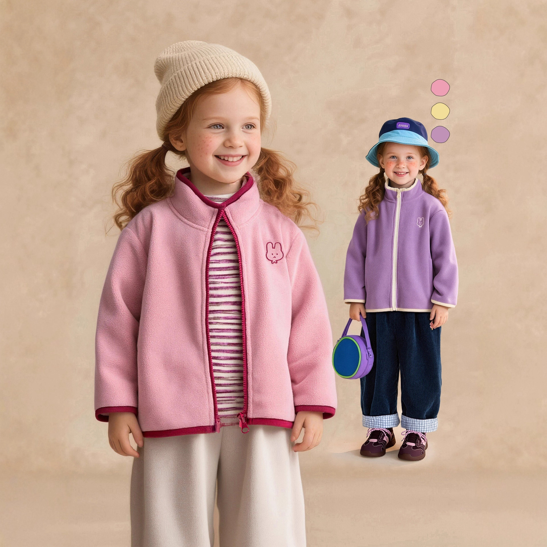 Amila童装2025年冬新款女童撞色立领摇粒绒外套儿童时尚简约外搭