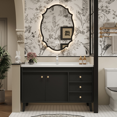 落地式法式黑色复古洗脸柜浴室柜