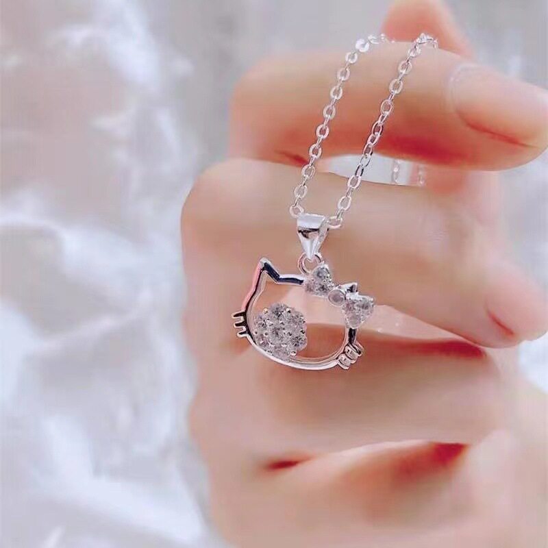 925纯银新款KT猫凯蒂猫吊坠项链可爱少女心镶钻吊坠亲子儿童饰品