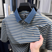 下摆开衩POLO衫 高档冰丝条纹短袖 商务休闲翻领t恤半袖 男士 男夏季