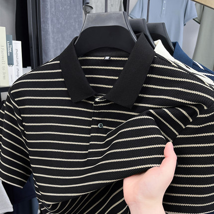 重磅高克重polo衫男短袖夏季男装宽松黑白条纹翻领t恤半袖上衣服
