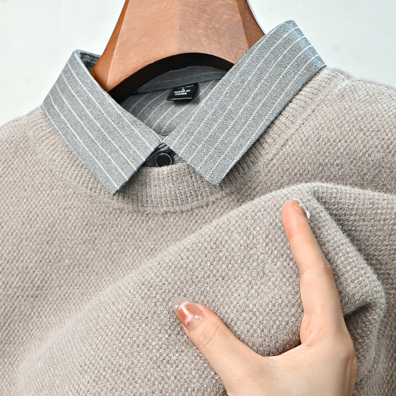 一体绒纯色衬衫领假两件保暖毛衣