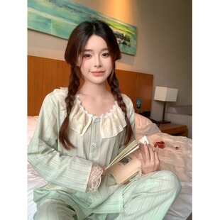 韩版甜美小清新宽松纯棉提花蕾丝娃娃领外穿家居服睡衣女长袖长裤