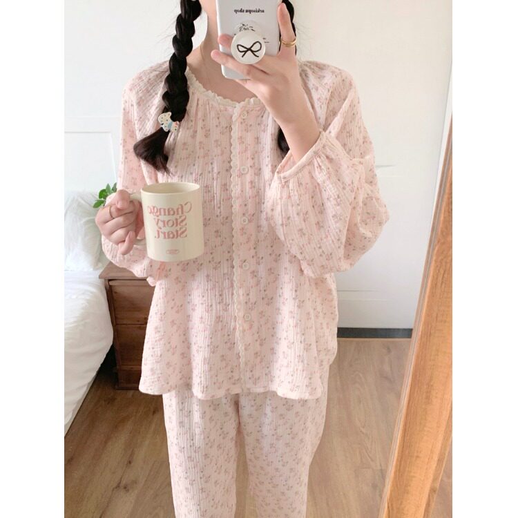 双层纱粉色碎花睡衣女款秋春季甜美纯棉蕾丝边长袖两件套装家居服
