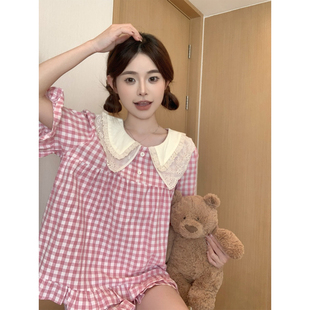 韩系可爱蕾丝娃娃领粉色格子睡衣女款夏季短袖短裤少女家居服套装