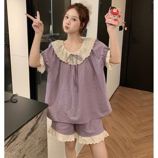 甜美宽松蕾丝边碎花全棉布家居服两件套装 睡衣女夏季 韩版 短袖 长裤