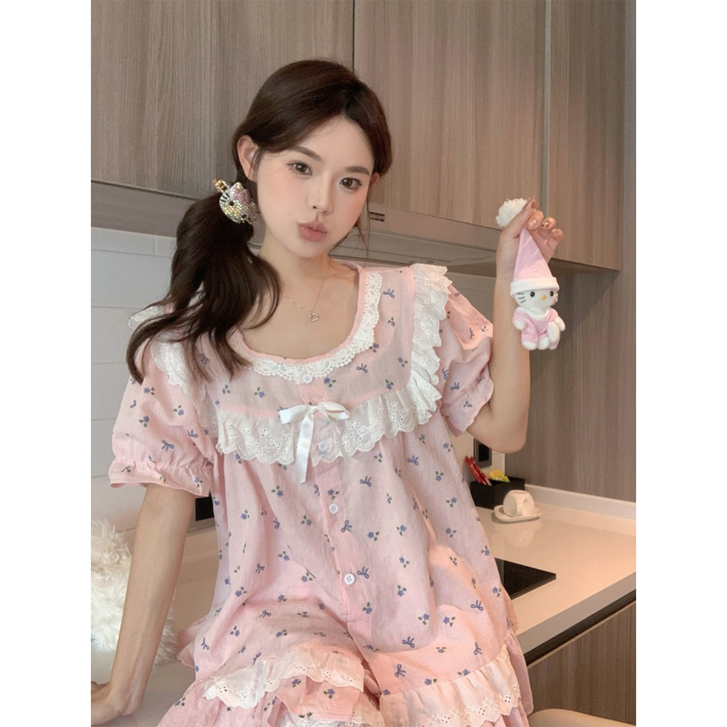 睡衣女夏季棉麻方领清新甜美小碎花飞飞袖荷叶花边少女家居服套装