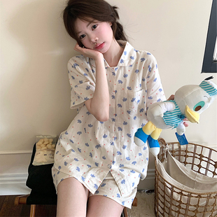 睡衣女夏季短袖短裤韩版简约娃娃领可爱大象全棉布家居服两件套装