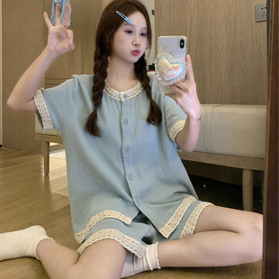 简约甜美蕾丝边纯棉纱布家居服两件套装 睡衣女夏季 韩版 短袖 薄 短裤