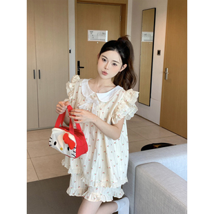 睡衣女夏季短袖短裤韩版甜美娃娃领樱桃全棉布家居服两件套装学生