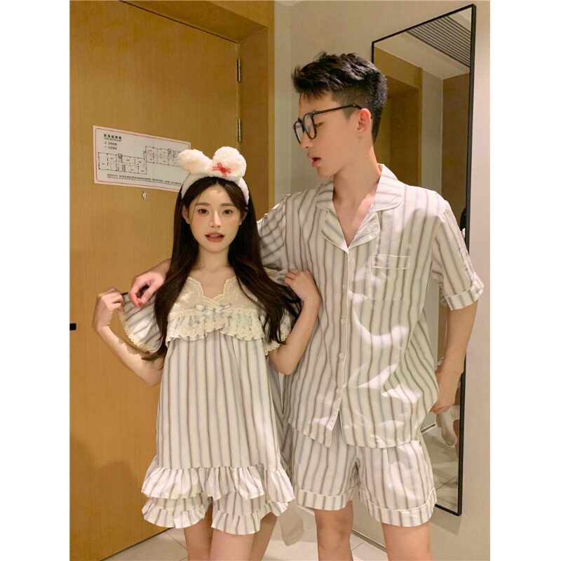 棉麻条纹宫廷风蕾丝家居服睡衣