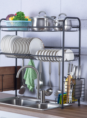 黑色304不锈钢厨房置物架家用2层水槽晾碗架沥水架放碗碟架收纳架