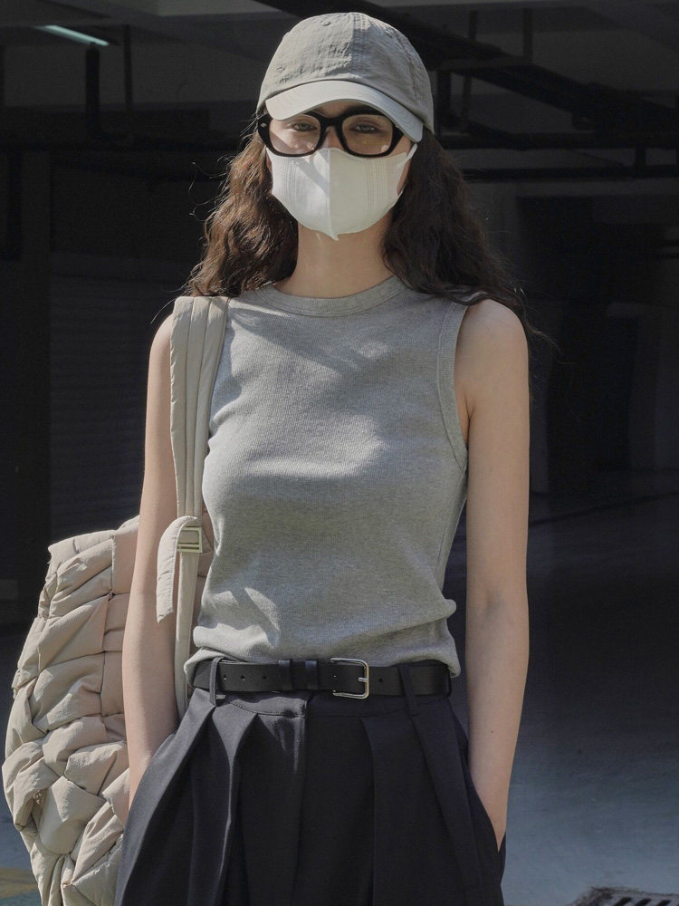 灰色无袖工字背心夏季新款韩版显瘦修身圆领宽带打底内搭上衣女