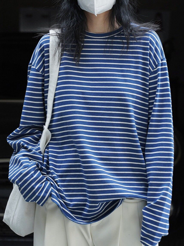 简约日系复古条纹圆领T恤秋季新款纯棉宽松显瘦长袖休闲上衣女