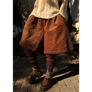 ManMans棕色复古松紧腰灯芯绒短裤秋季新款百搭休闲阔腿五分裤女