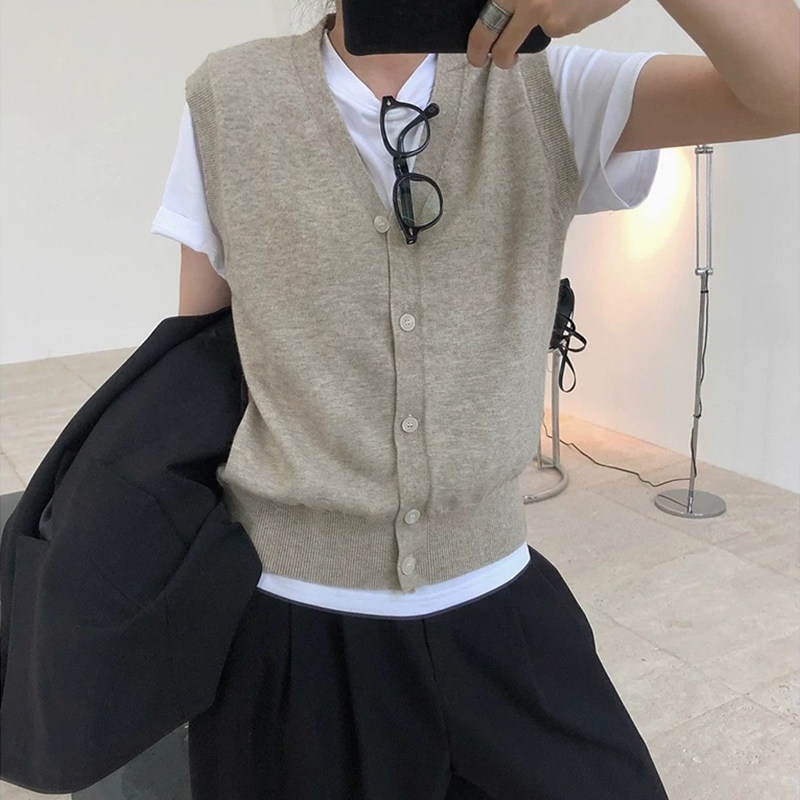 ManMans针织马甲女开衫春秋韩版毛衣外搭毛线复古老头叠穿背心