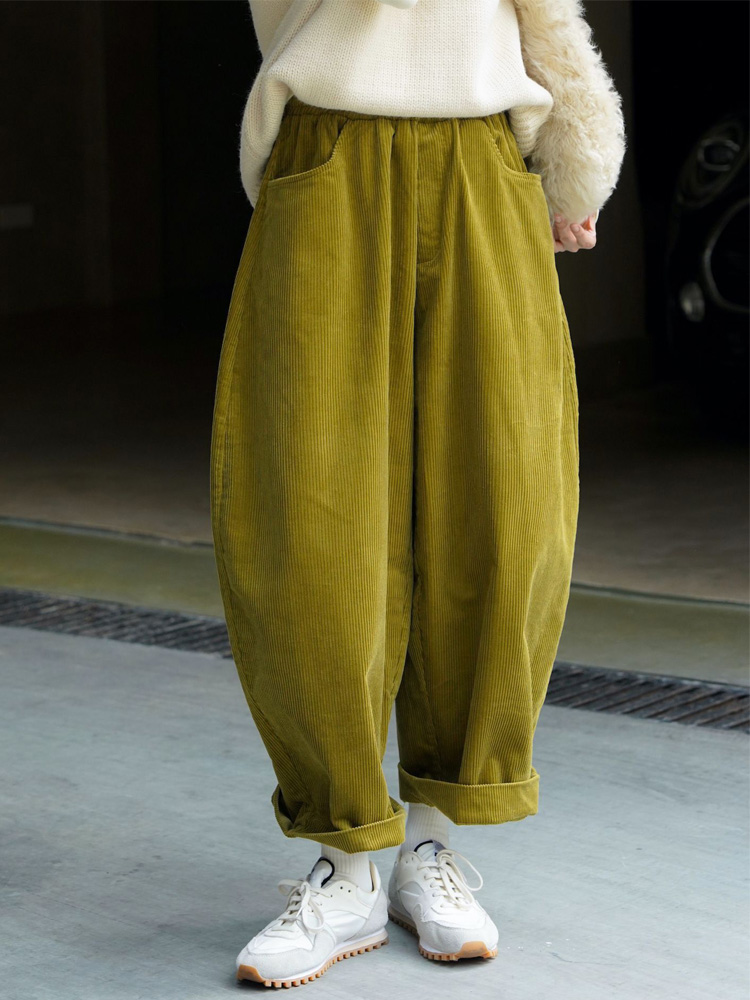 松紧腰宽松灯芯绒弯刀裤子