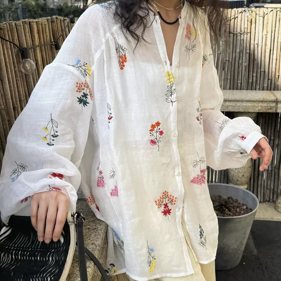 立体刺绣灯笼苎麻衬衫