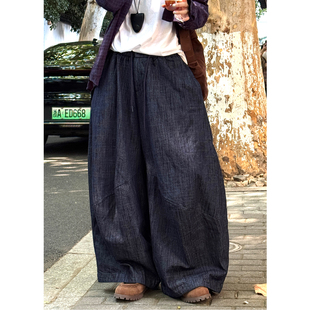松紧腰宽松休闲弯刀气球裤 新款 女 春季 日系抽绳系带宽松阔腿牛仔裤