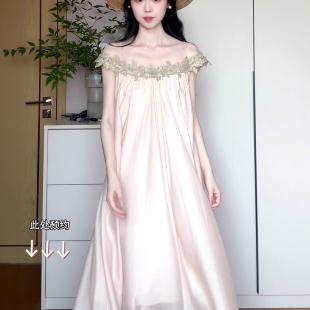 海边度假高级感超好看长裙子 韩系氛围感穿搭一字肩连衣裙仙女夏季