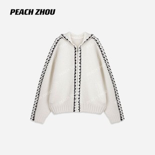 『PEACHZHOU』重工手缝撞色羊毛混纺落肩连帽针织毛衣开衫外套