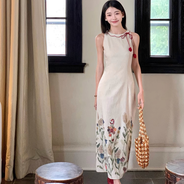 Thecoco 印花棉麻原创无袖连衣裙女夏气质显瘦长裙 可拆卸红花朵