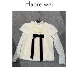 叠穿 甜美蝴蝶结毛茸茸短袖 蕾丝打底两件套 时尚 2026新款