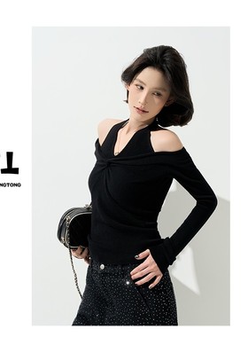 吴童童【玫瑰露肩】春季假两件针织衫女韩版休闲毛织打底衫63207