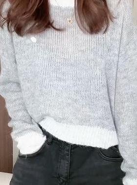 灰色长袖圆领套头毛衣外穿女宽松慵懒风高级感上衣独特针织衫
