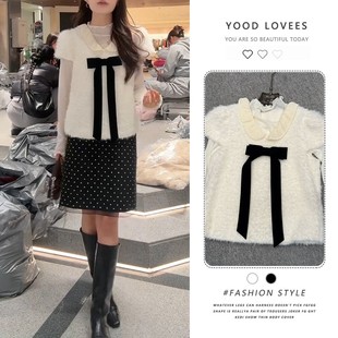 春秋穿搭韩系一整套小香风毛绒短袖叠穿蕾丝打底波点半身裙三件套
