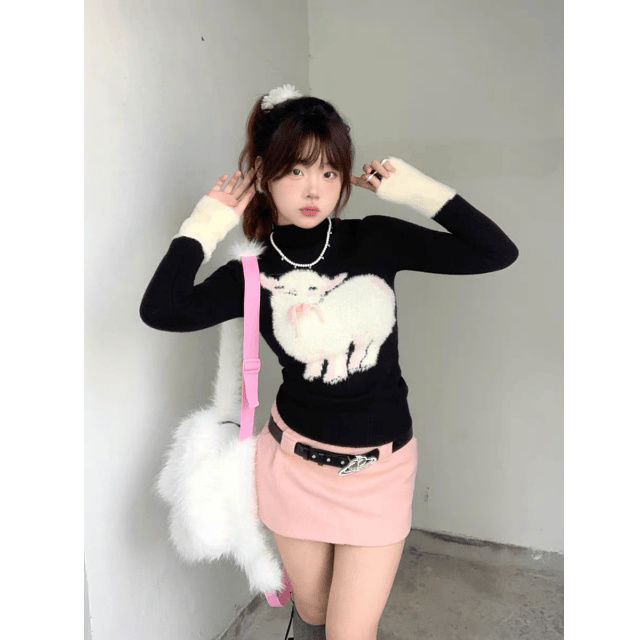 可爱黑色修身显瘦针织半高领毛衣