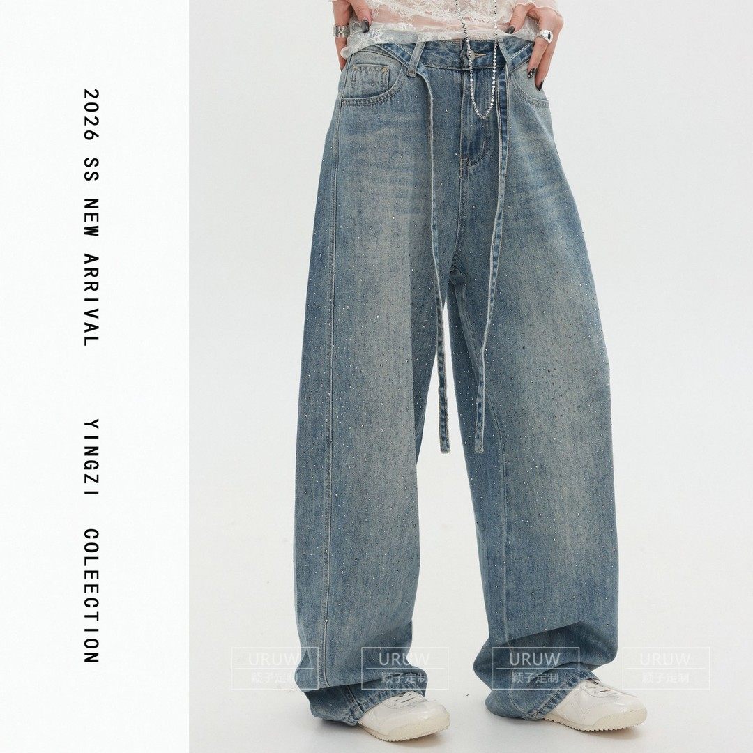 颖子定制【氛围街区】休闲风烫钻牛仔阔腿裤街头百搭牛仔长裤2308,女装/女士精品,毛针织衫,淘宝优惠券,粉丝福利购,淘宝优惠卷