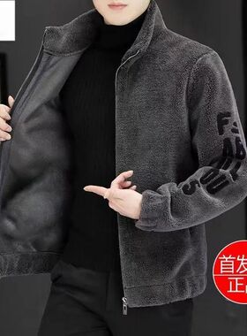 潮流休闲刺绣立领男外套冬季羊羔毛加厚加绒冬装潮牌羊羔绒夹克