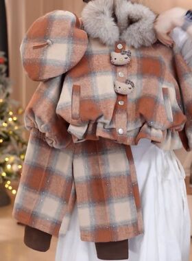 女童格子小香风呢子加绒套装2025新款冬装加厚外套假两件阔腿裤潮