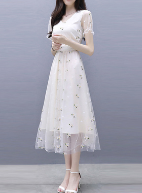 2021夏季新款韩版冷淡风雪纺裙超仙收腰温柔裙网纱连衣裙女中长裙