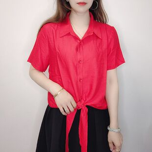 下摆打结雪纺衫女2026夏季新款薄款凉快短袖t恤减龄超仙宽松衬衫