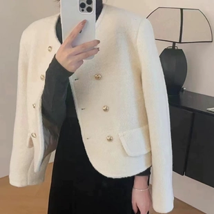时尚 小香风毛呢外套短款 女2022冬季 双排扣大衣宽松显瘦加棉短外套