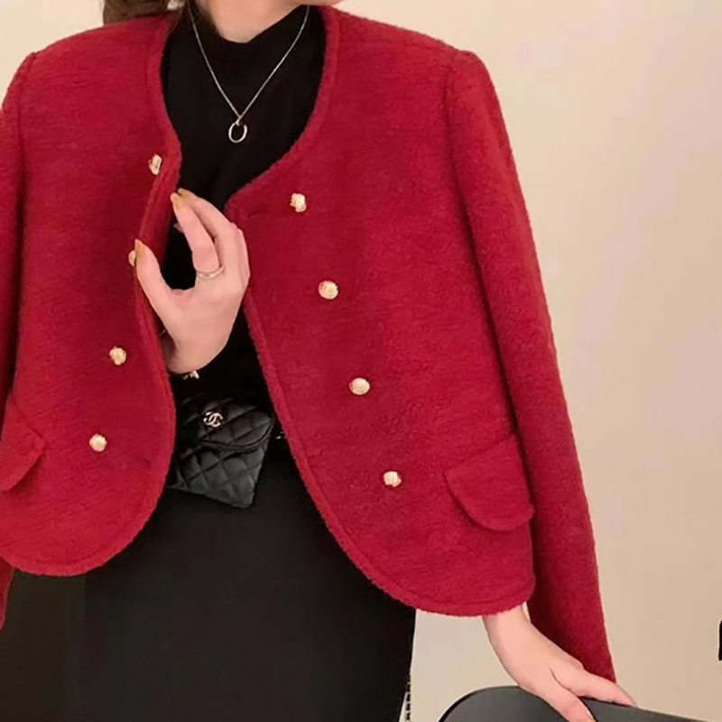 小香风毛呢外套短款女2025冬季时尚双排扣大衣宽松显瘦加棉短外套