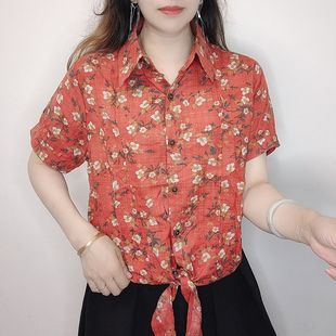 欧货设计感衬衫女短袖夏装下摆打结女士衬衣遮肉印花雪纺上衣洋气