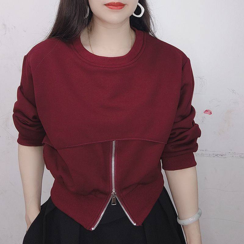 设计感下摆半拉链短款卫衣女2024秋季新款韩版套头打底上衣t桖潮