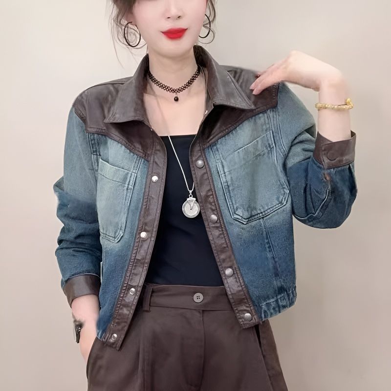欧货复古牛仔外套女短款2025秋季新款皮领拼接设计款机车夹克上衣