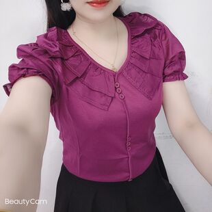 秋季新款花边领t恤女气质百搭显瘦减龄V领短袖宽松洋气设计感衬衣