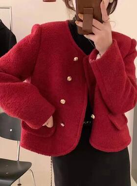 双排扣小香风外套女2025秋冬新款短款毛呢大衣小个子加棉宽松棉衣