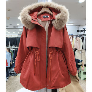 红色工装派克棉服女2024新款冬装加绒加厚中长大毛领小众棉衣外套