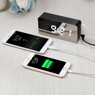 创意镜面闹钟 多功能LED钟表化妆镜闹钟可外接电源多彩镜子钟